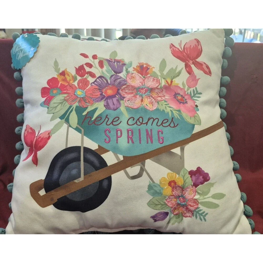 NWT Pioneer Women Here Comes Spring Decorative Pillow Embroidered Checkered Back